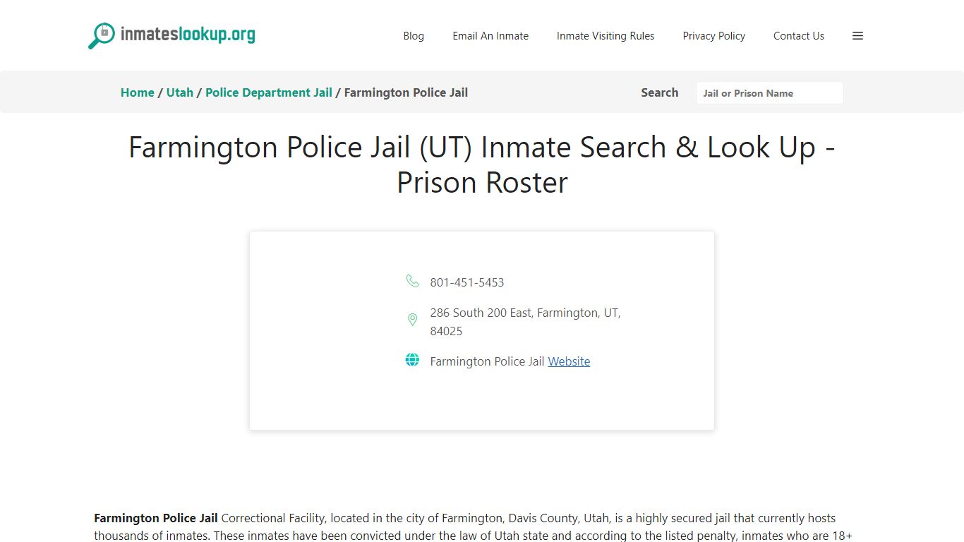 Farmington Police Jail (UT) Inmate Search & Look Up - Prison Roster